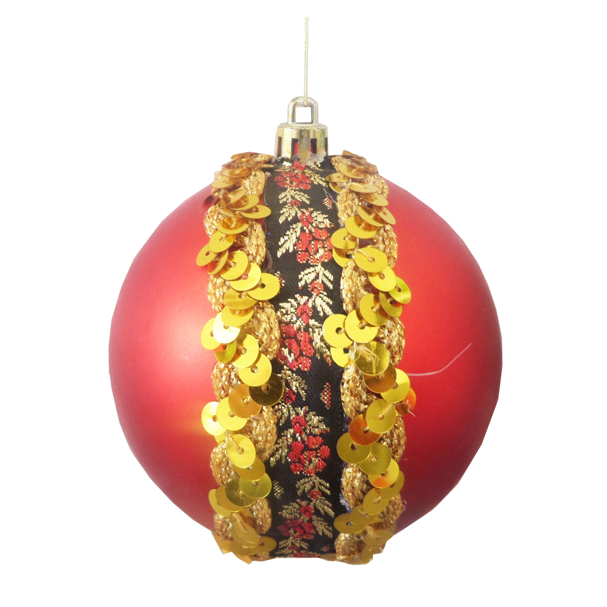 Glob de Craciun de 10 cm Rosu Mat Motive Taranesti Trandafiri Rosii si Paiete