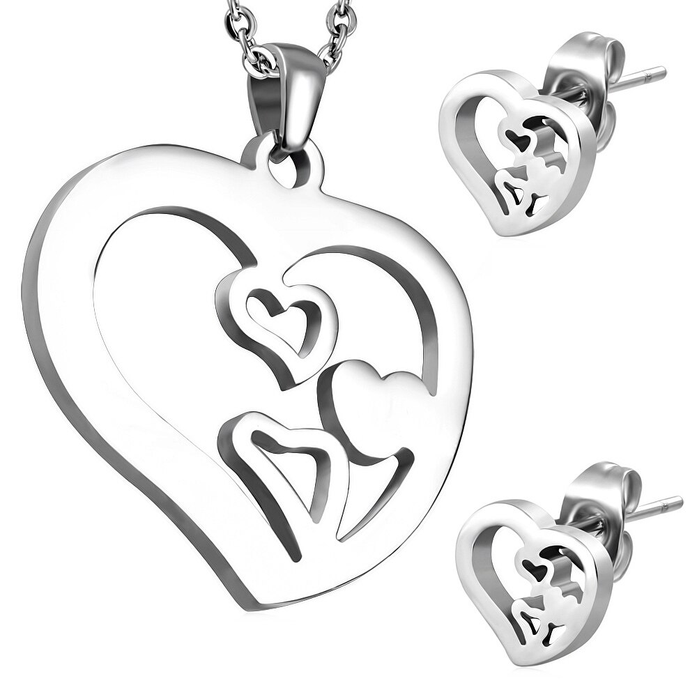 Set inox cu inimioare pandant si cercei