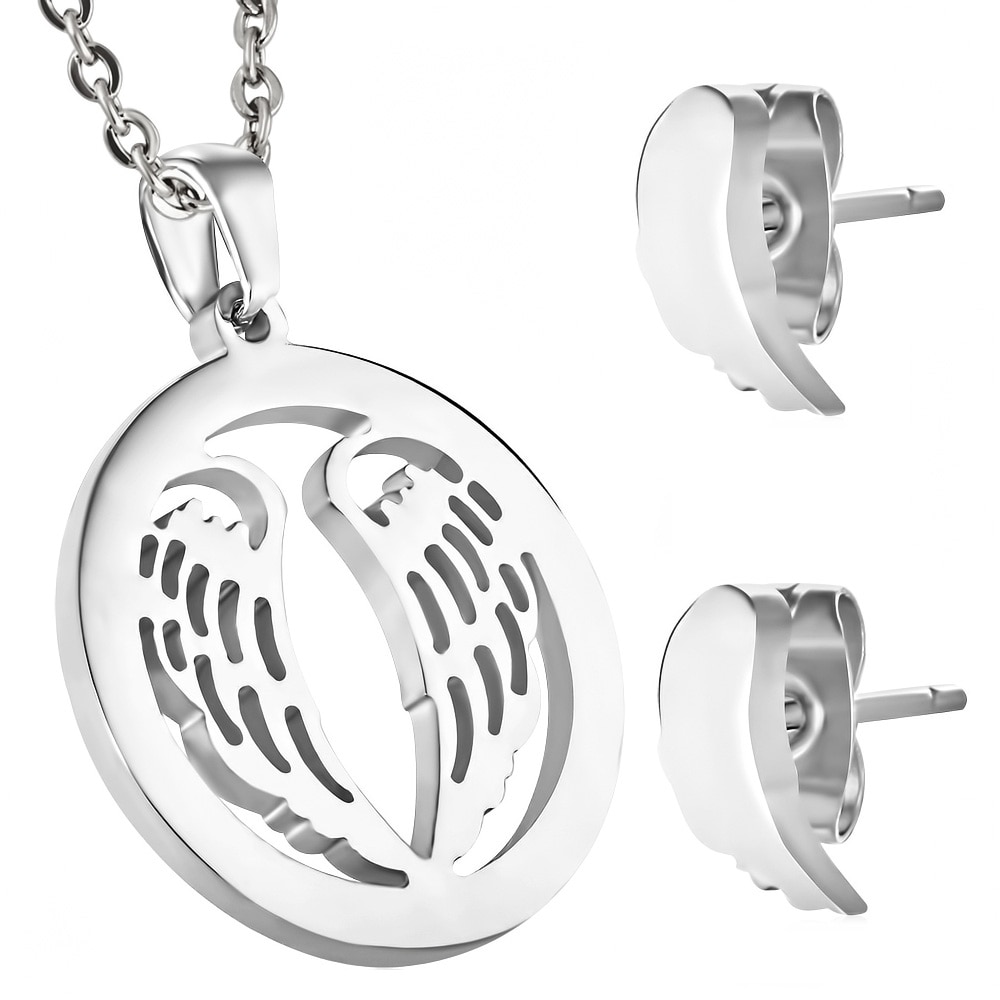 Set inox cu aripi cercei si pandant