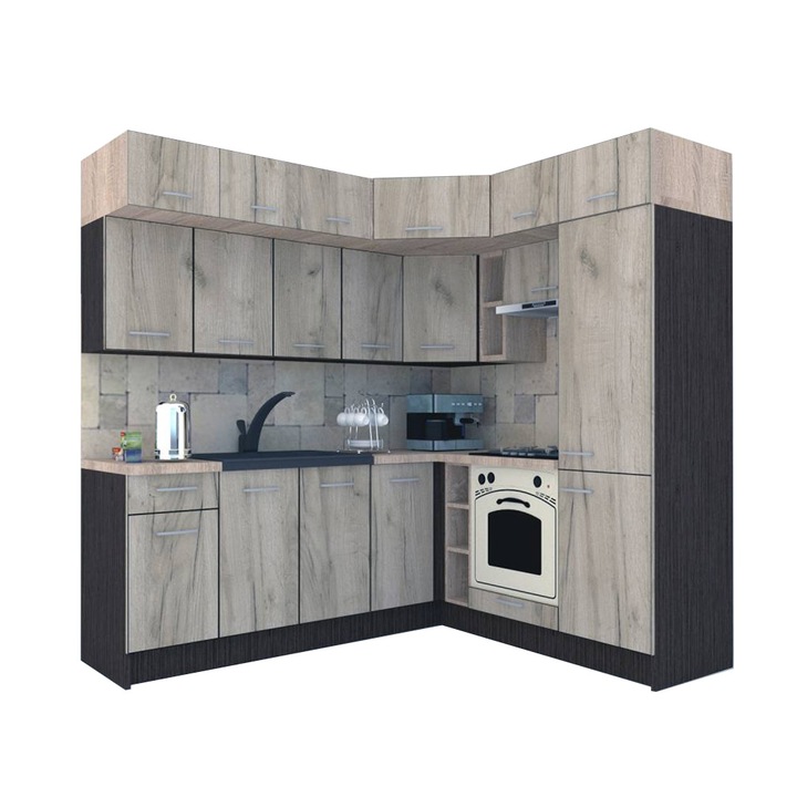 Set Bucatarie de Colt Genarom BIG GENA NEW ST. 190-220 x 225,5 x 60 cm, Cu Corp de Cuptor, Wenge / Decor K002