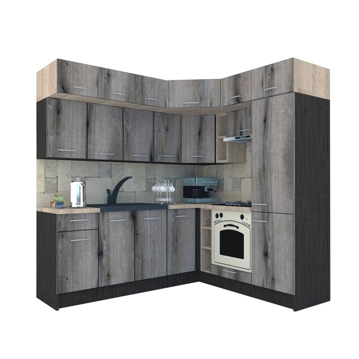 Set Bucatarie de Colt Genarom BIG GENA NEW ST. 190-220 x 225,5 x 60 cm, Cu Corp de Cuptor, Wenge / Decor K366