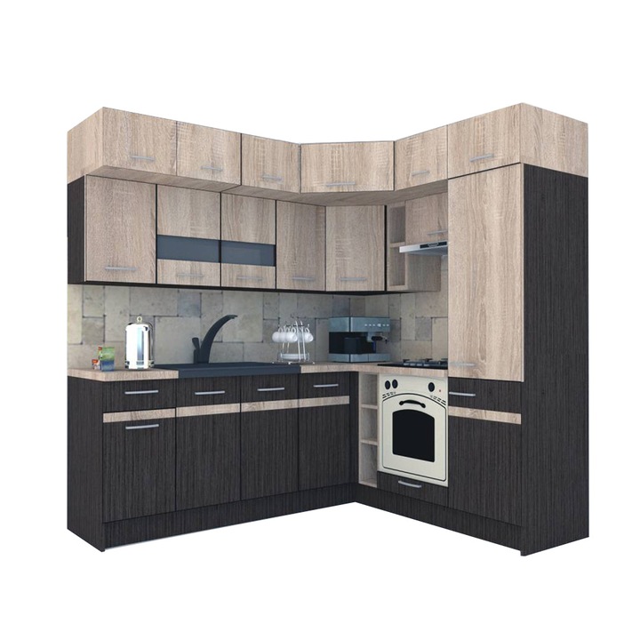 Set Bucatarie de Colt Genarom BIG GENA NEW ST. 190-220 x 225,5 x 60 cm, Cu Corp de Cuptor, Wenge / Stejar Sonoma A