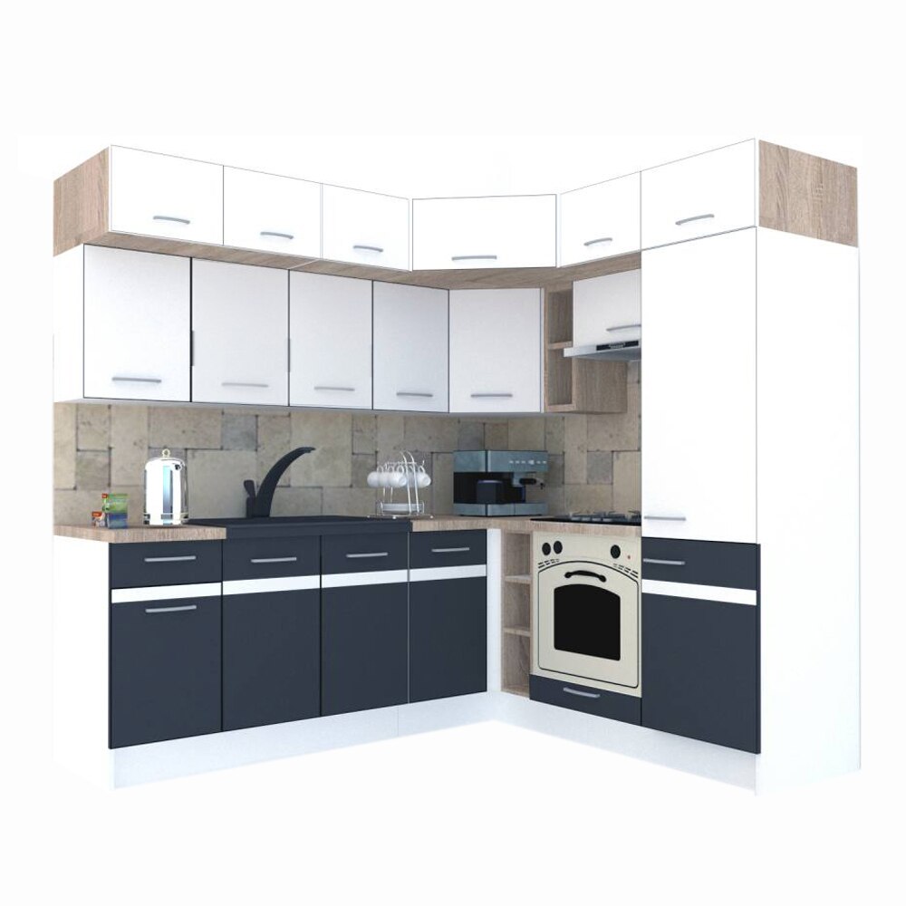 Set Bucatarie de Colt Genarom BIG GENA NEW ST. 190-220 x 225,5 x 60 cm, Cu Corp de Cuptor, Alb / Gri