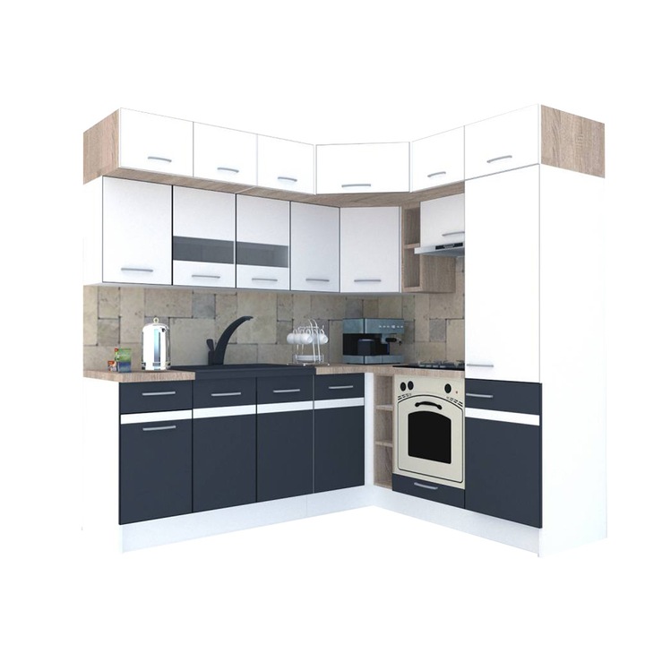 Set Bucatarie de Colt Genarom BIG GENA NEW ST. 190-220 x 225,5 x 60 cm, Cu Corp de Cuptor, Alb / Gri A