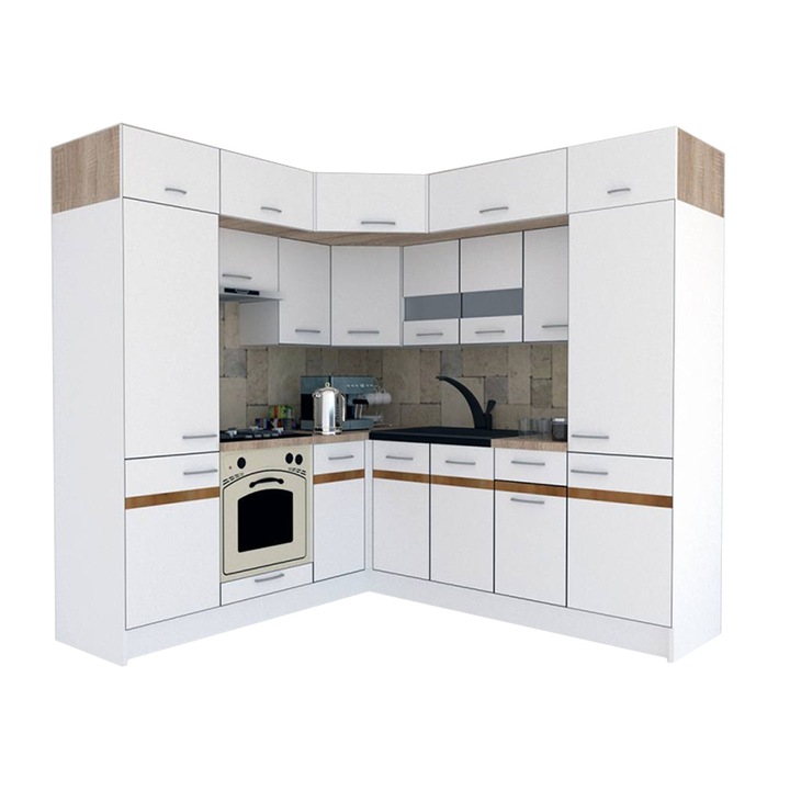 Set Bucatarie de Colt Genarom BIG GENA NEW DR. 210-230 x 225,5 x 60 cm, Cu Corp de Cuptor, Alb