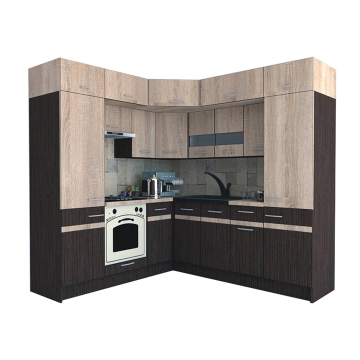 Set Bucatarie de Colt Genarom BIG GENA NEW DR. 210-230 x 225,5 x 60 cm, Cu Corp de Cuptor, Wenge / Stejar Sonoma