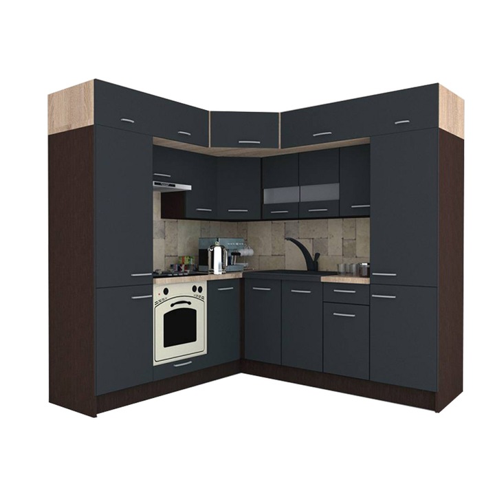 Set Bucatarie de Colt Genarom BIG GENA NEW DR. 210-230 x 225,5 x 60 cm, Cu Corp de Cuptor, Wenge / Decor 0164