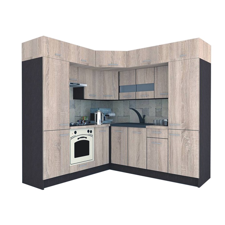 Set Bucatarie de Colt Genarom BIG GENA NEW DR. 210-230 x 225,5 x 60 cm, Cu Corp de Cuptor, Wenge / Decor 3025