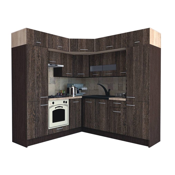Set Bucatarie de Colt Genarom BIG GENA NEW DR. 210-230 x 225,5 x 60 cm, Cu Corp de Cuptor, Wenge / Decor 7648