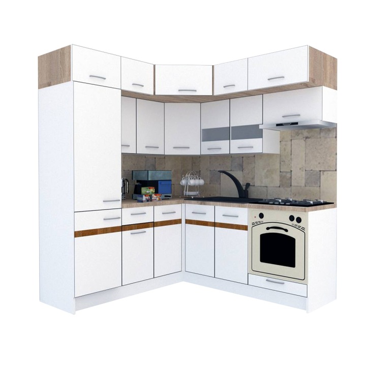 Set Bucatarie de Colt Genarom BIG GENA NEW DR 190-200 x 225,5 x 60 cm, Cu Corp de Cuptor, Alb A