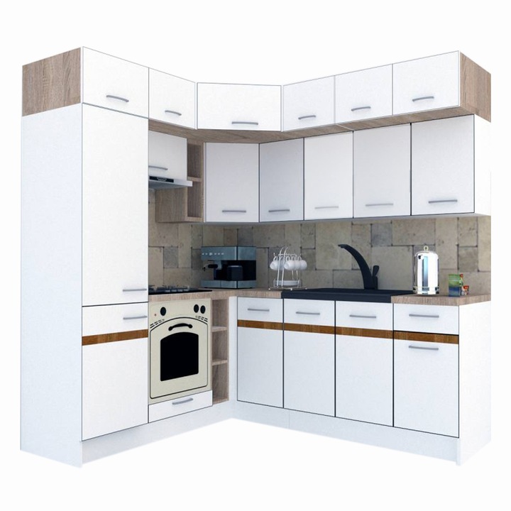 Set Bucatarie de Colt Genarom BIG GENA NEW DR 190-220 x 225,5 x 60 cm, Cu Corp de Cuptor, Alb