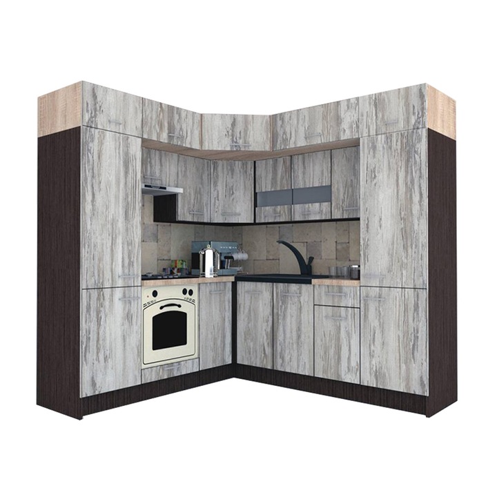 Set Bucatarie de Colt Genarom BIG GENA NEW DR 210-230 x 225,5 x 60 cm, Cu Corp de Cuptor, Wenge / Decor K084