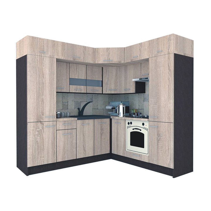 Set Bucatarie de Colt Genarom BIG GENA NEW ST 210-230 x 225,5 x 60 cm, Cu Corp de Cuptor, Wenge / Decor 3025