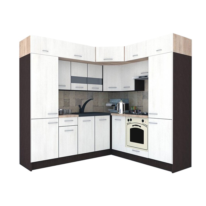 Set Bucatarie de Colt Genarom BIG GENA NEW ST 210-230 x 225,5 x 60 cm, Cu Corp de Cuptor, Wenge / Decor 8508