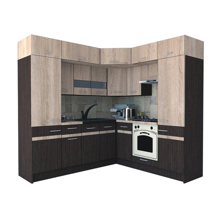 Set Bucatarie de Colt Genarom BIG GENA NEW ST 210-230 x 225,5 x 60 cm, Cu Corp de Cuptor, Wenge / Stejar Sonoma