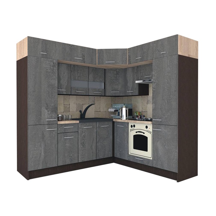 Set Bucatarie de Colt Genarom BIG GENA NEW ST 210-230 x 225,5 x 60 cm, Cu Corp de Cuptor, Wenge / Decor K352