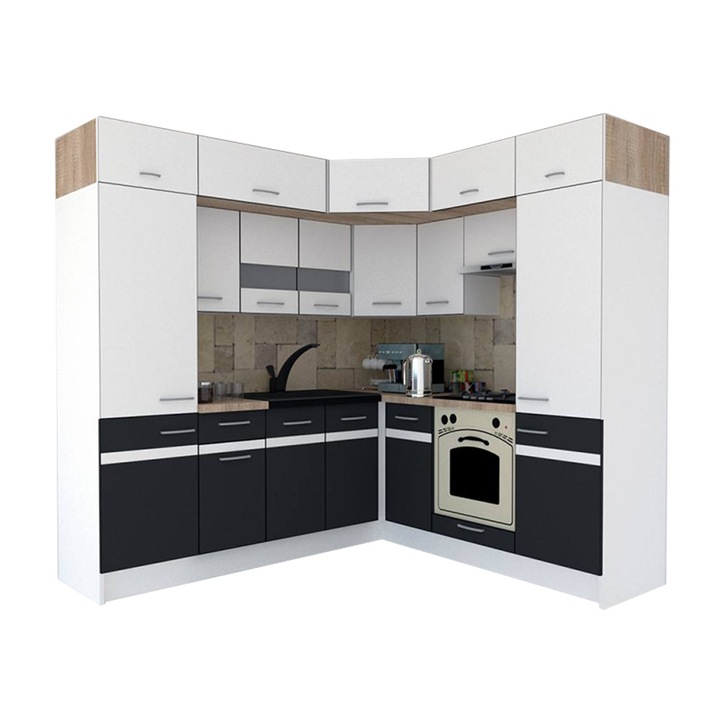 Set Bucatarie de Colt Genarom BIG GENA NEW ST 210-230 x 225,5 x 60 cm, Cu Corp de Cuptor, Alb / Gri