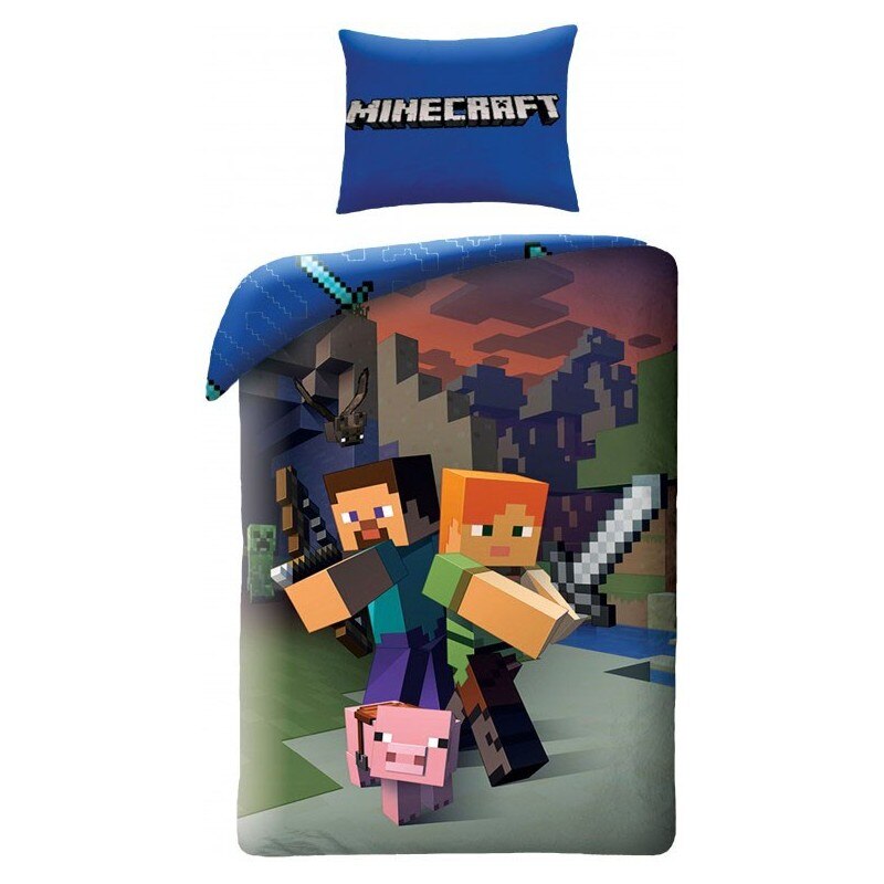 Set lenjerie de pat pentru copii Minecraft Alex , Steve & Pig , 140x200 cm , 70x90 cm , Bumbac 100%, Multicolor