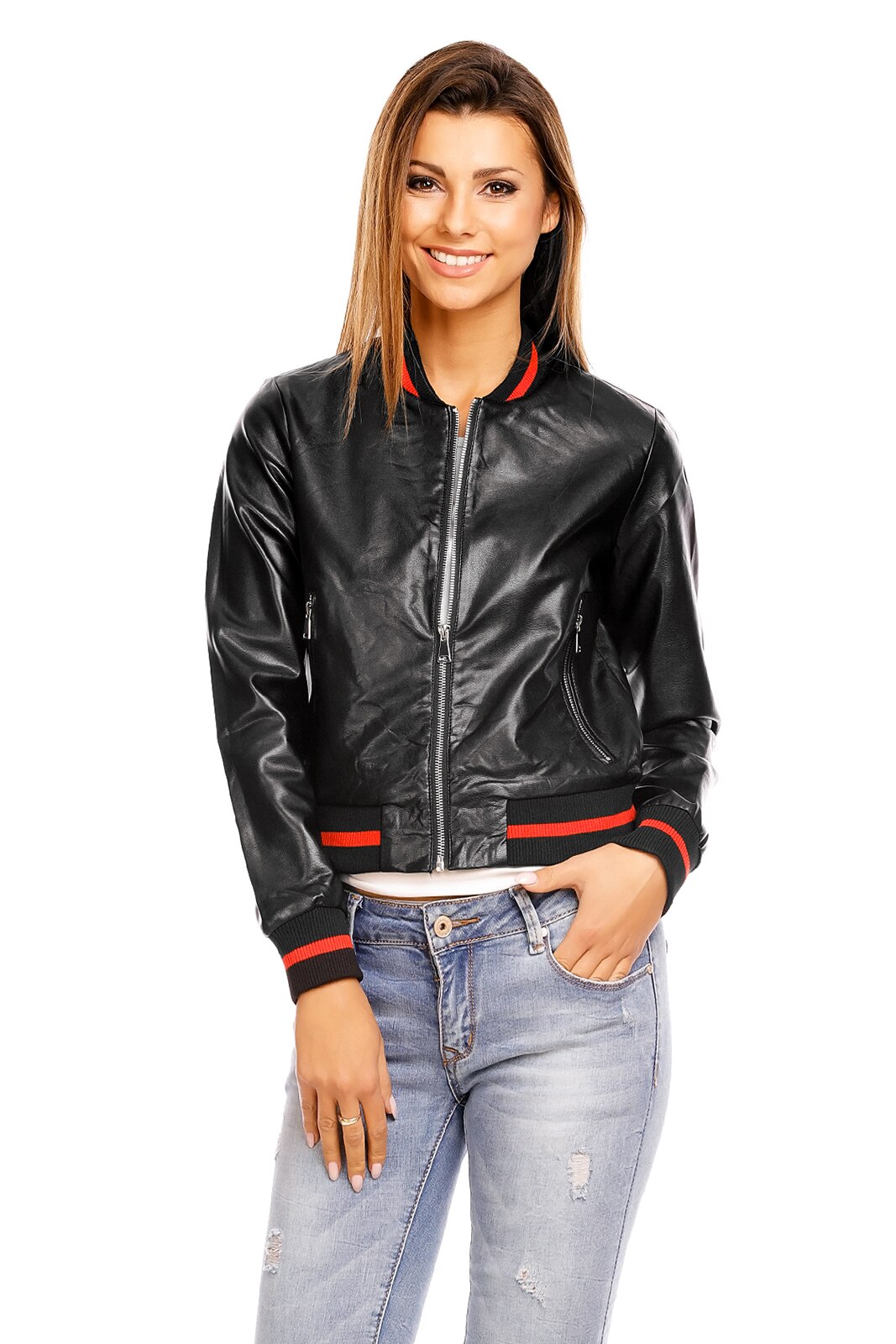 Jacheta dama casual din piele ecologica, Negru, L