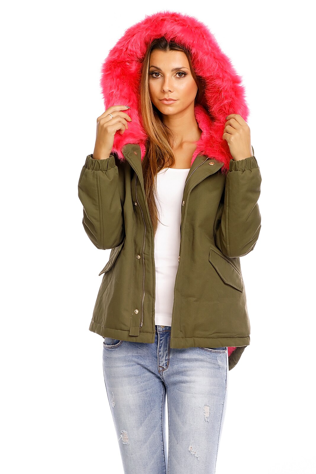 Jacheta parka cu gluga imblanita roz, Kaki, L