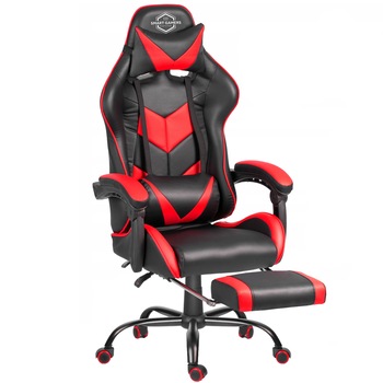 Scaun gaming Sofotel Cereber, sprijin lombar si al picioarelor, cotiere profilate, spatar, lombar si inaltime reglabile, rosu, 135 x 66 cm Scaun gaming Sofotel Cereber, sprijin lombar si al picioarelor, cotiere profilate, spatar, lombar si inaltime reglabile, rosu, 135 x 66 cm