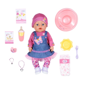 Papusa interactiva Zapf Baby Born - Fetita, corp moale, cu rochita din blugi, 43 cm, 10 accesorii Papusa interactiva Zapf Baby Born - Fetita, corp moale, cu rochita din blugi, 43 cm, 10 accesorii
