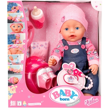 Papusa interactiva Zapf Baby Born - Fetita, corp moale, cu salopeta de blugi, 43 cm, 10 accesorii Papusa interactiva Zapf Baby Born - Fetita, corp moale, cu salopeta de blugi, 43 cm, 10 accesorii