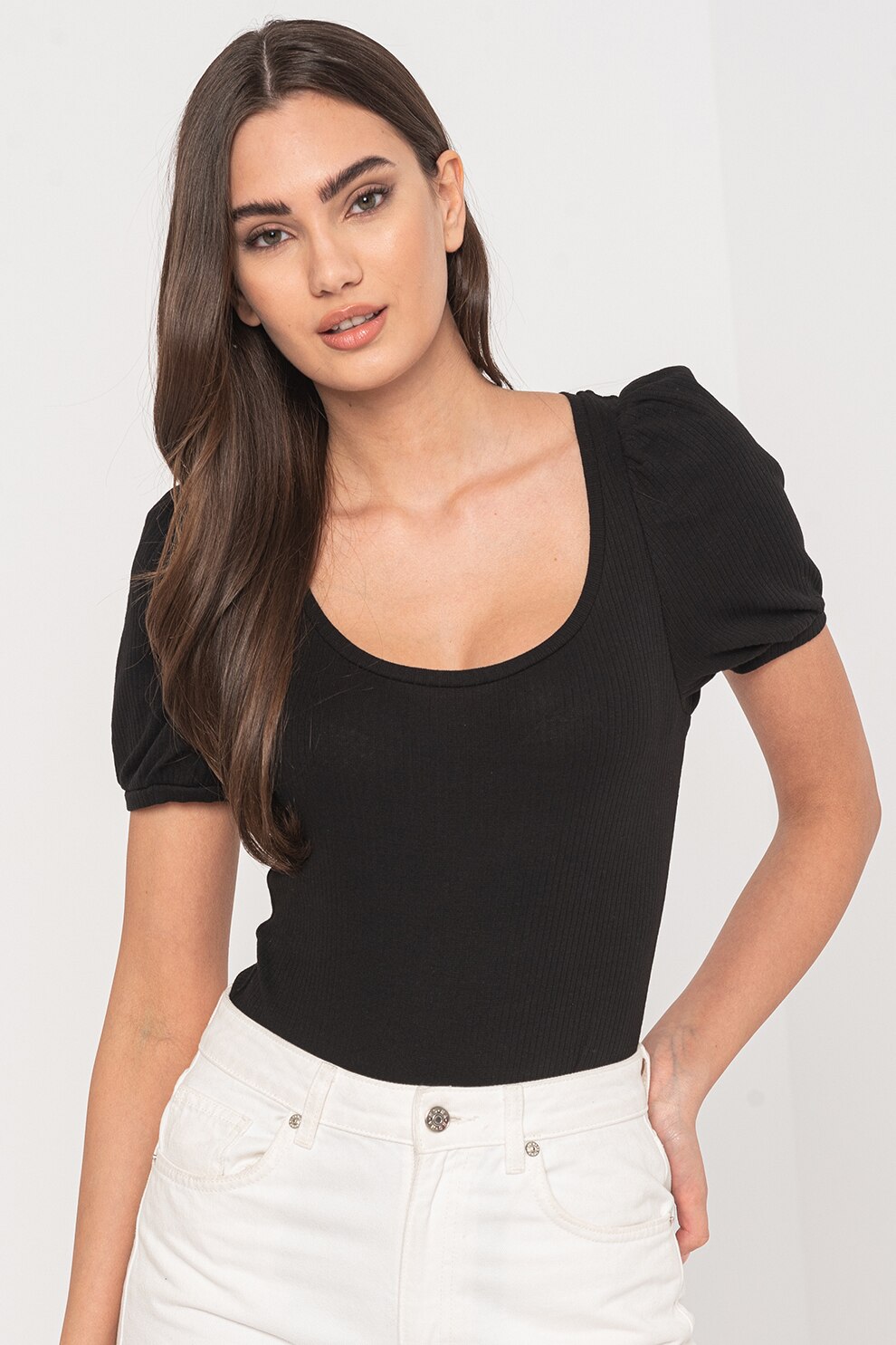 BRAVE SOUL, Tricou cu striatii si maneci bufante Emerson, Negru