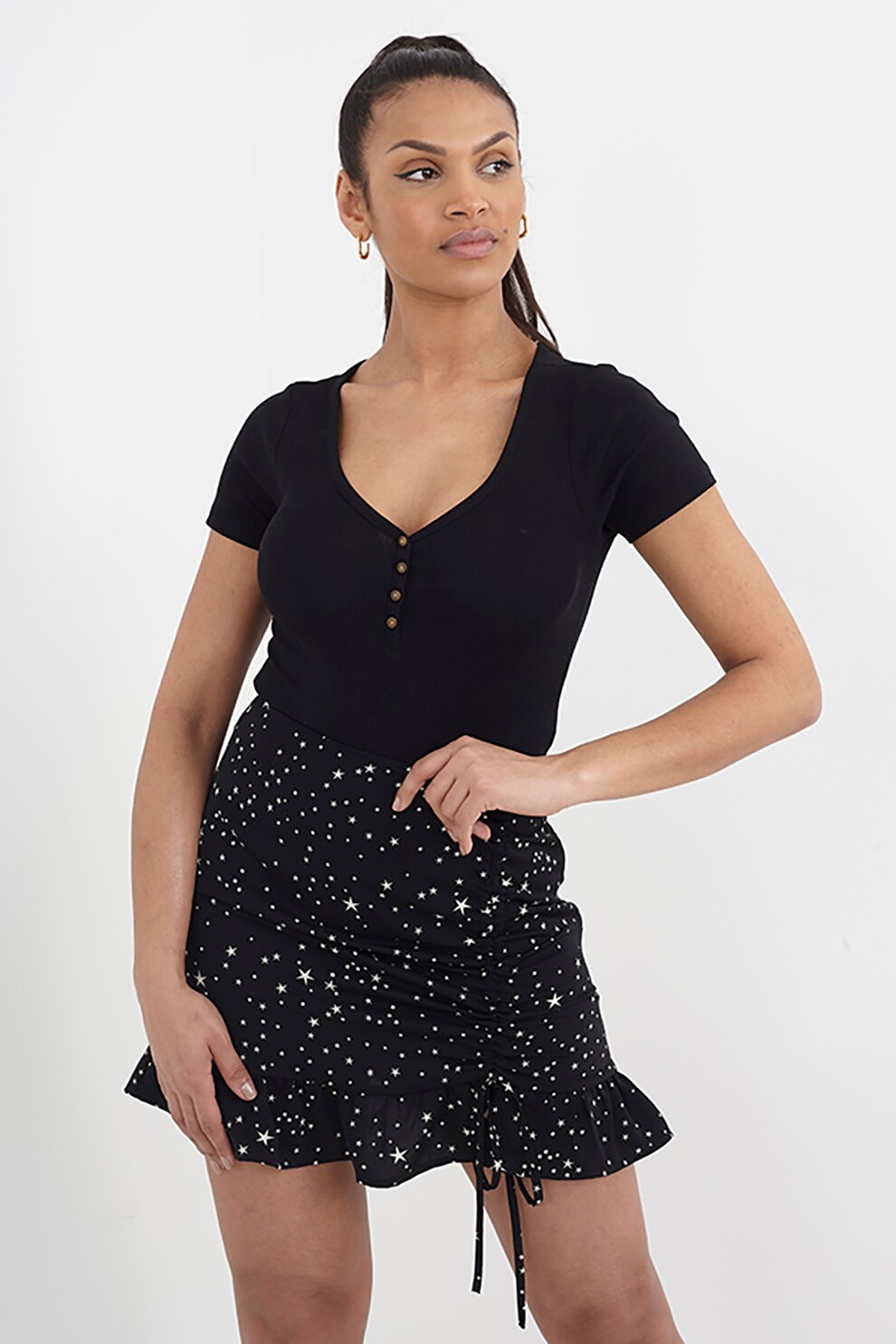 BRAVE SOUL, Tricou tip body din amestec de bumbac cu decolteu in V Georgia, Negru