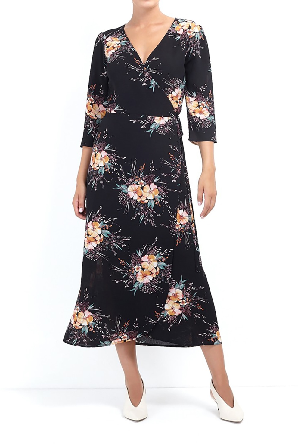 BRAVE SOUL, Rochie petrecuta cu model floral Kata, Negru/Galben