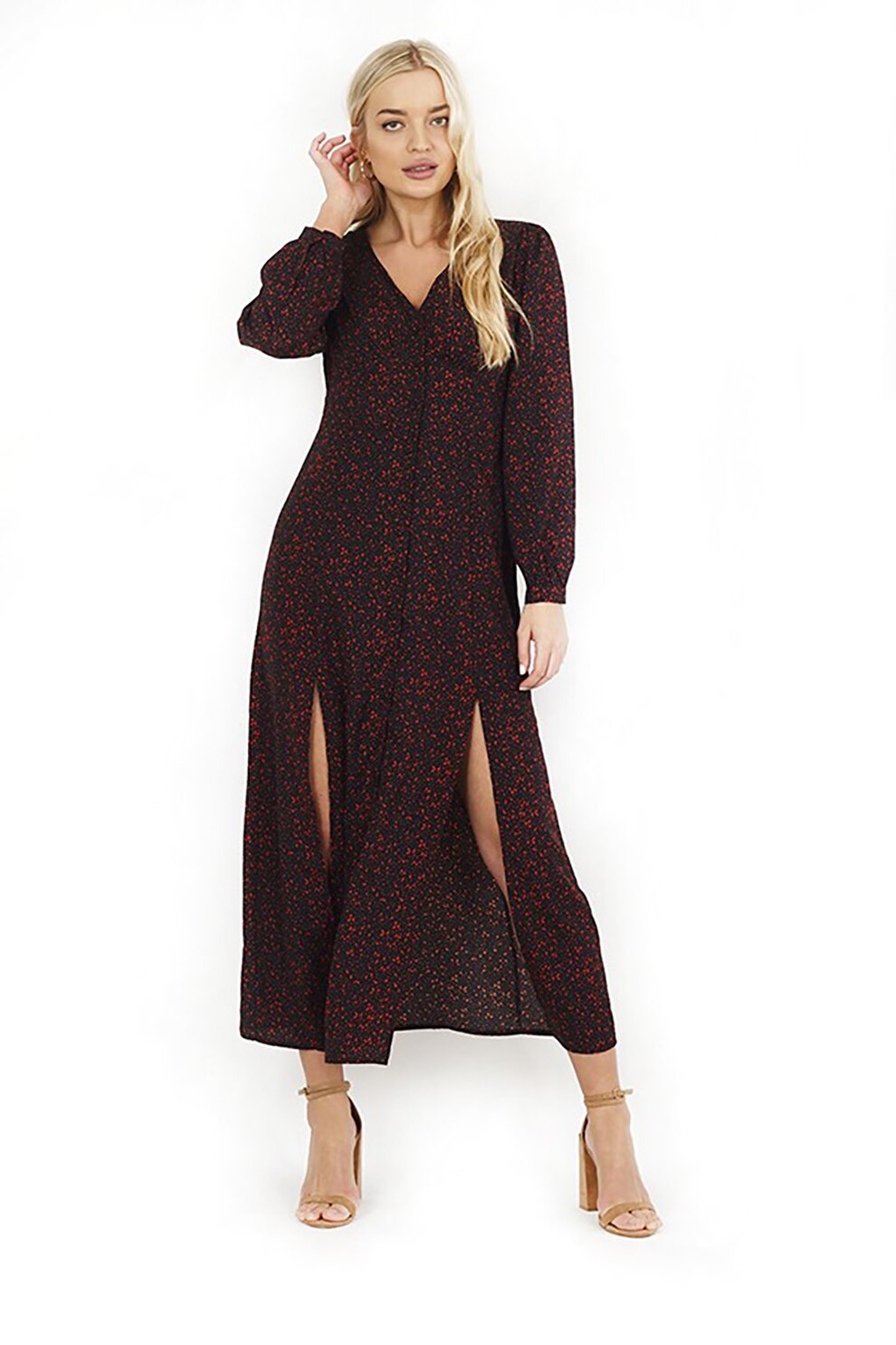 BRAVE SOUL, Rochie midi cu imprimeu si decolteu in V Jessa, Negru/Rosu