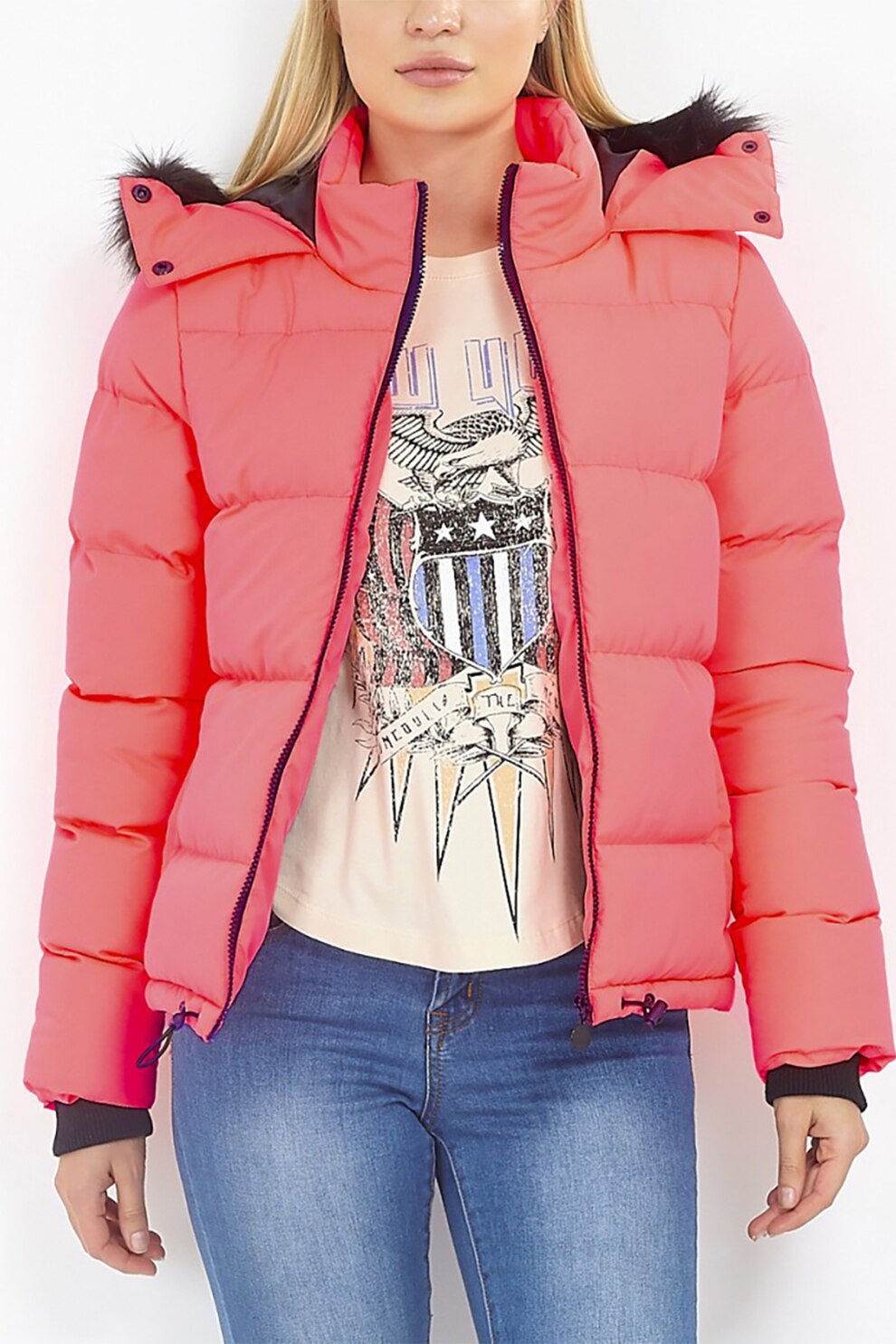 BRAVE SOUL, Geaca cu vatelina si detaliu de blana sintetica pe gluga Azelia, Roz/Negru, XL