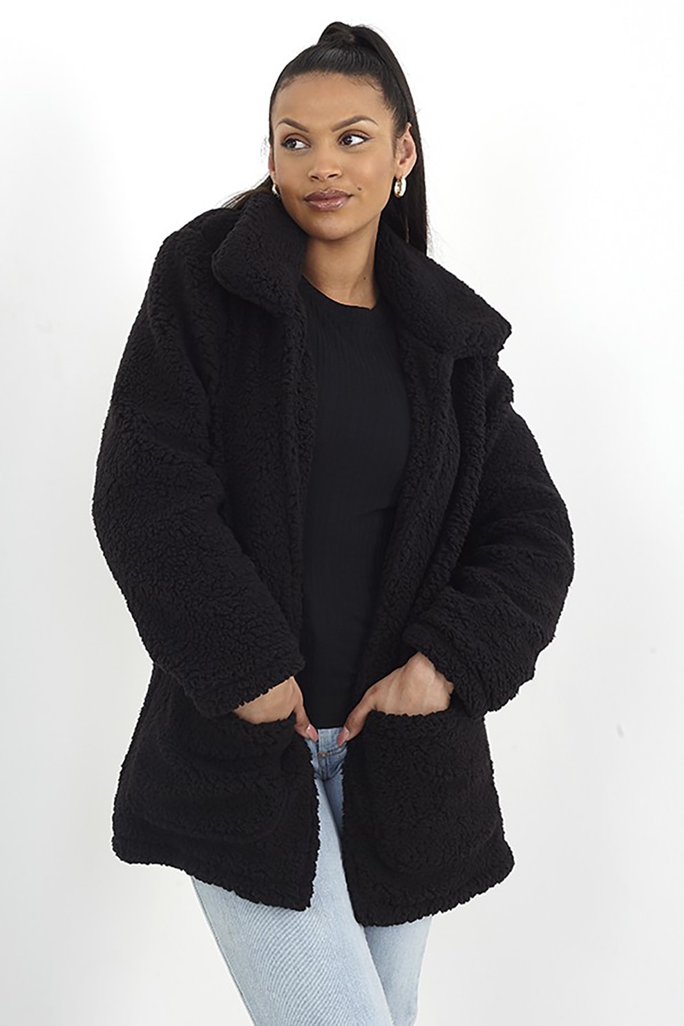 BRAVE SOUL, Jacheta de blana shearling sintetica cu buzunare aplicate, Negru