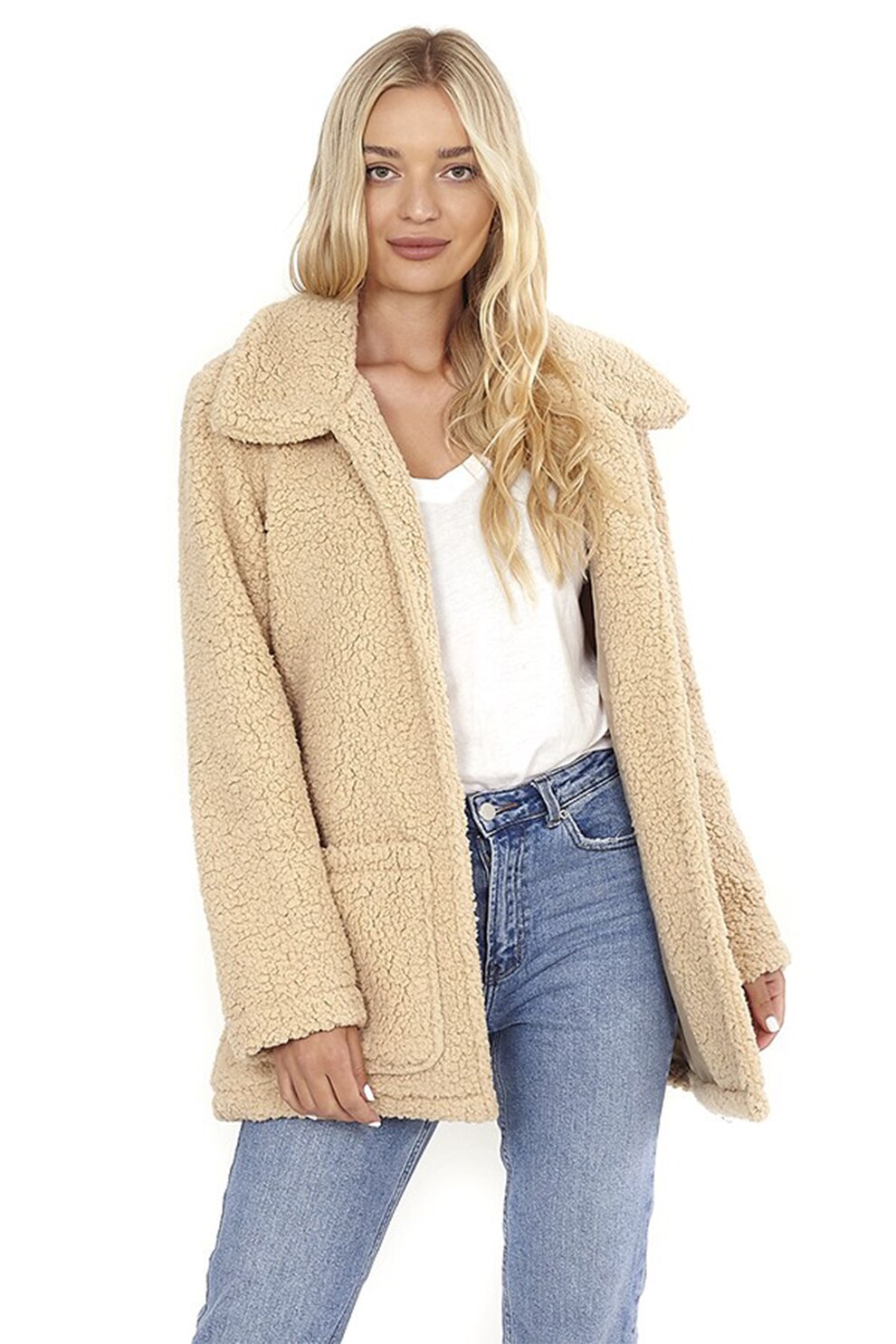 BRAVE SOUL, Jacheta de blana shearling sintetica cu buzunare aplicate, Bej