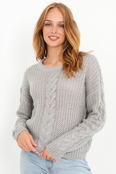 BRAVE SOUL, Pulover cu decolteu rotund si model torsade, Gri, S BRAVE SOUL, Pulover cu decolteu rotund si model torsade, Gri, S