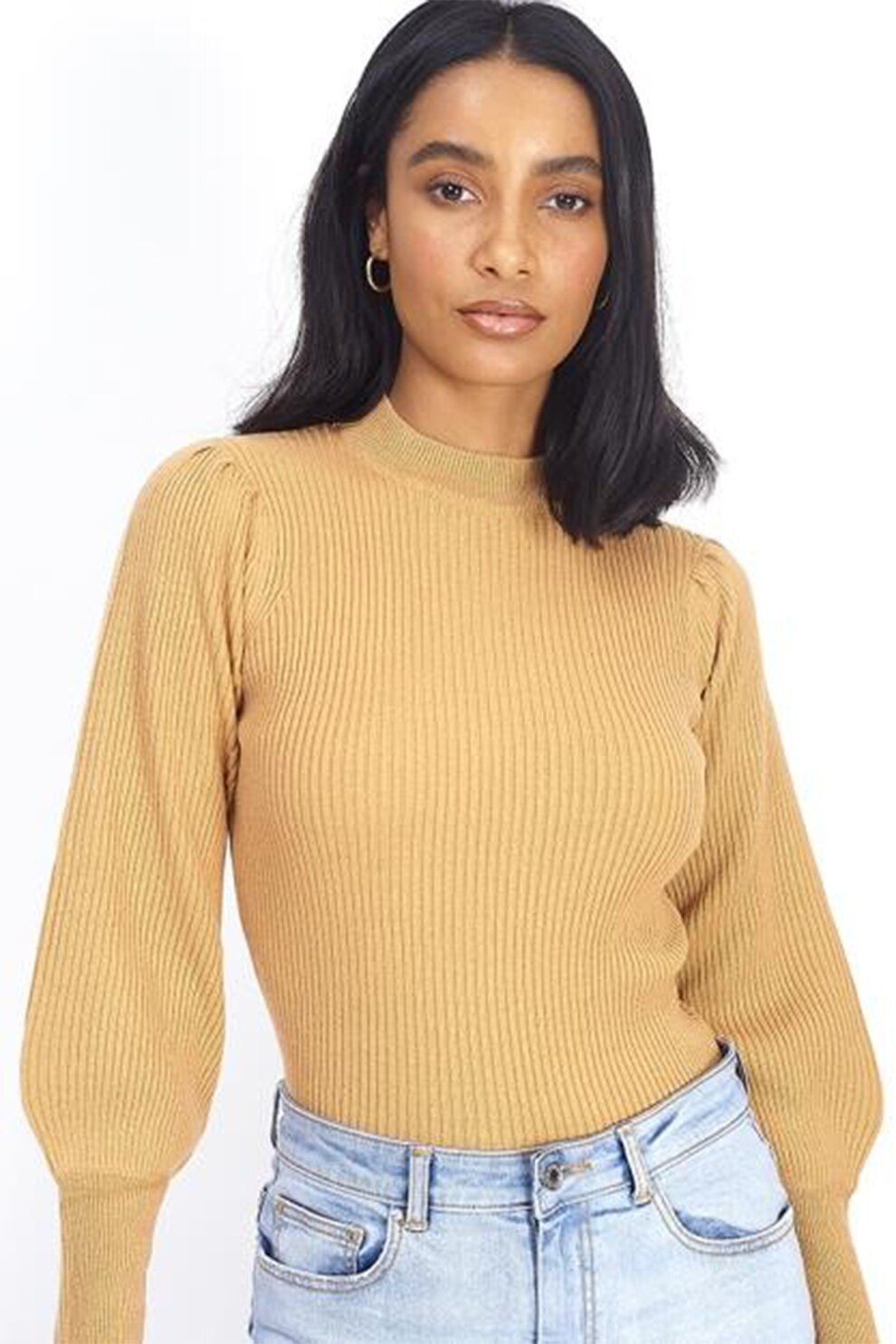 BRAVE SOUL, Pulover cu striatii si maneci bufante Rigby, Maro camel