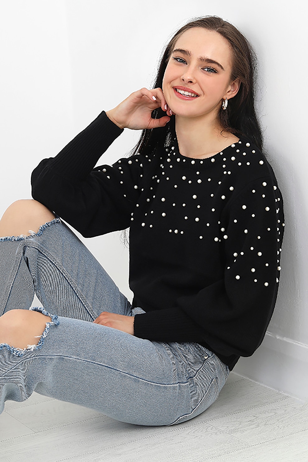 BRAVE SOUL, Pulover cu margele Stoned, Negru, XS