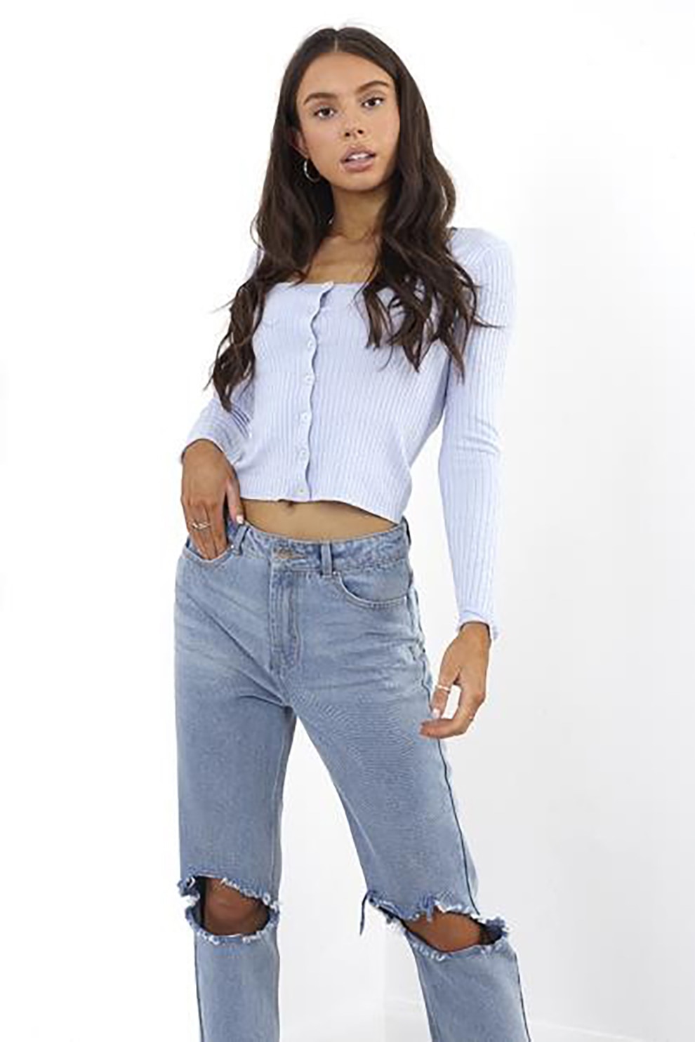 BRAVE SOUL,Cardigan crop cu striatii Emittya, Albastru deschis