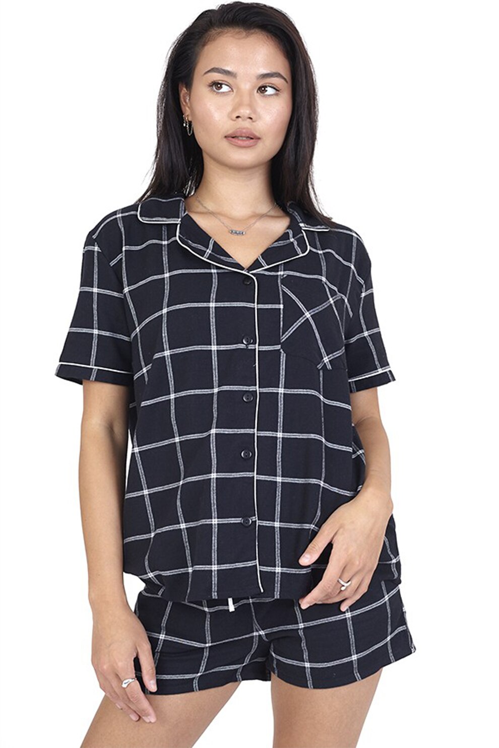 BRAVE SOUL, Pijama de bumbac cu pantaloni scurti Grid, Negru/Alb