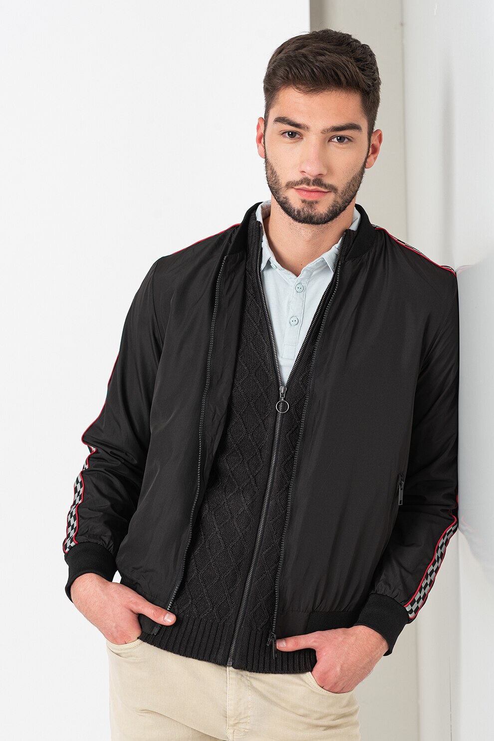 BRAVE SOUL, Jacheta bomber cu buznare cu fermoar Checkway, Negru/Rosu