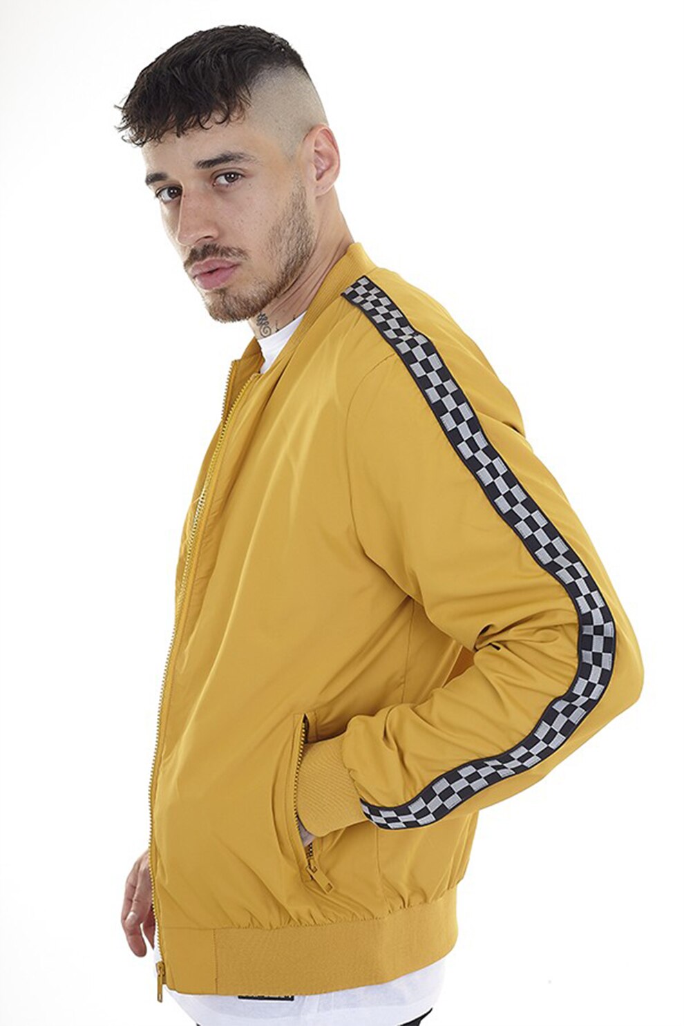 BRAVE SOUL, Jacheta bomber cu buznare cu fermoar Checkway, Galben/Negru/Alb