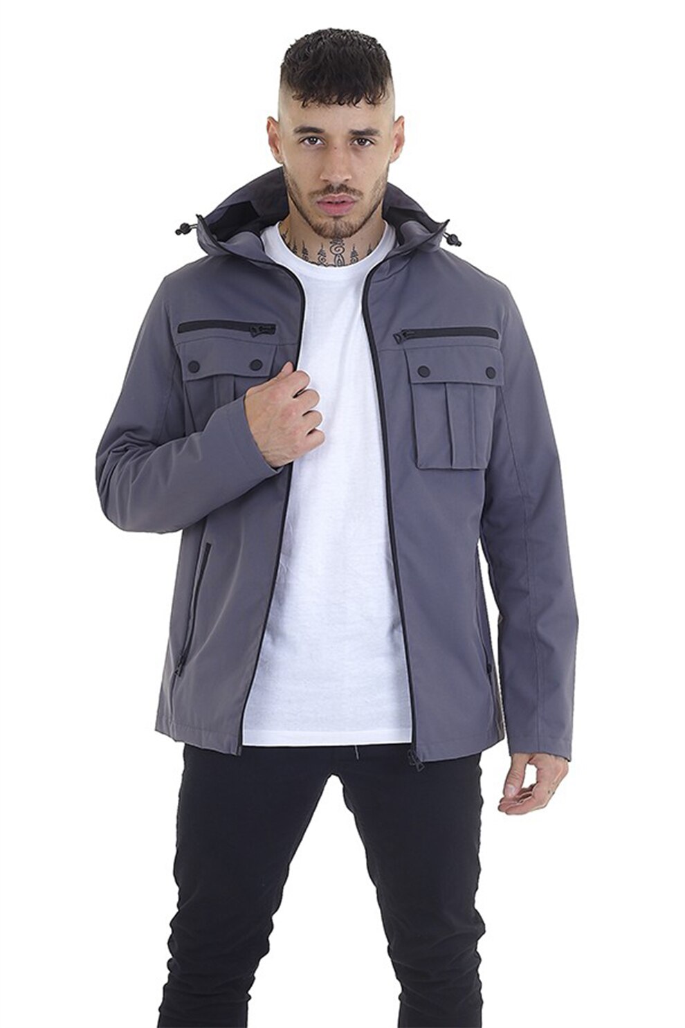 BRAVE SOUL, Jacheta cu gluga si buzunare aplicate pe piept Cove, Gri carbune