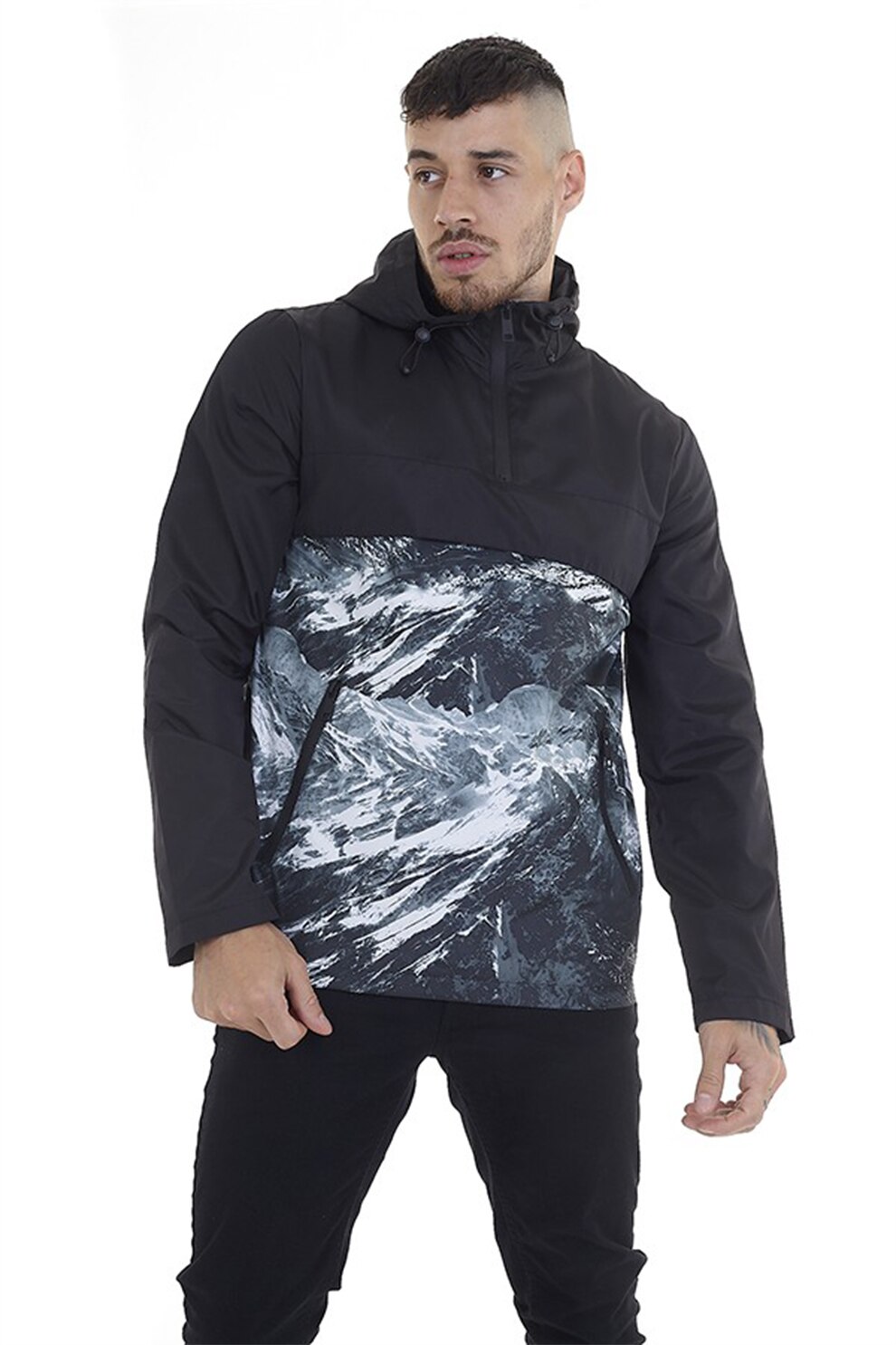 BRAVE SOUL, Geaca cu vatelina si gluga, fara inchidere Daily, Negru/Gri cenusa/Alb