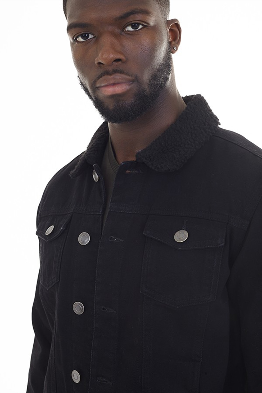 BRAVE SOUL, Jacheta de denim cu guler din blana sherpa, Negru