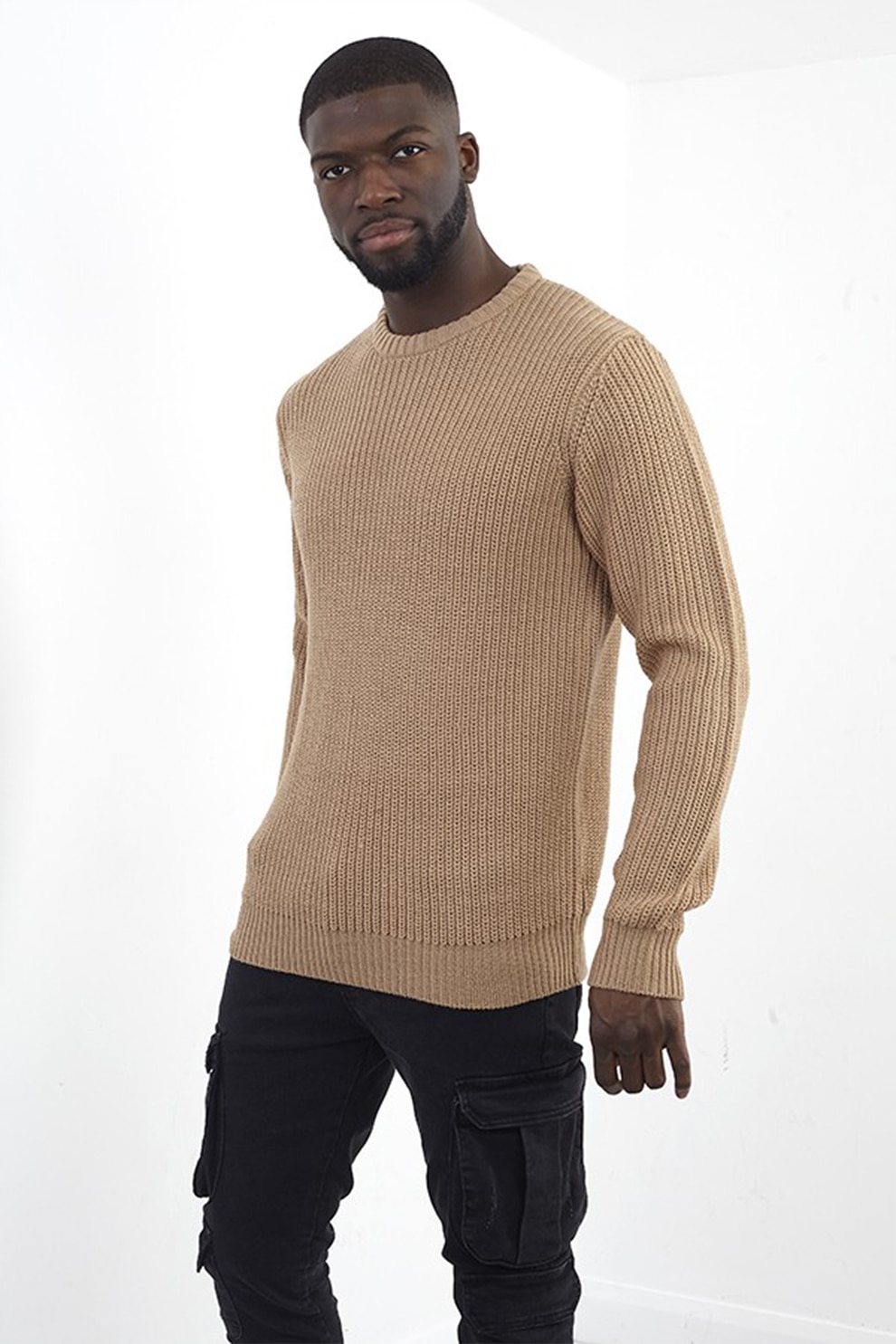 BRAVE SOUL, Pulover cu decolteu la baza gatului si margini striate, Maro camel