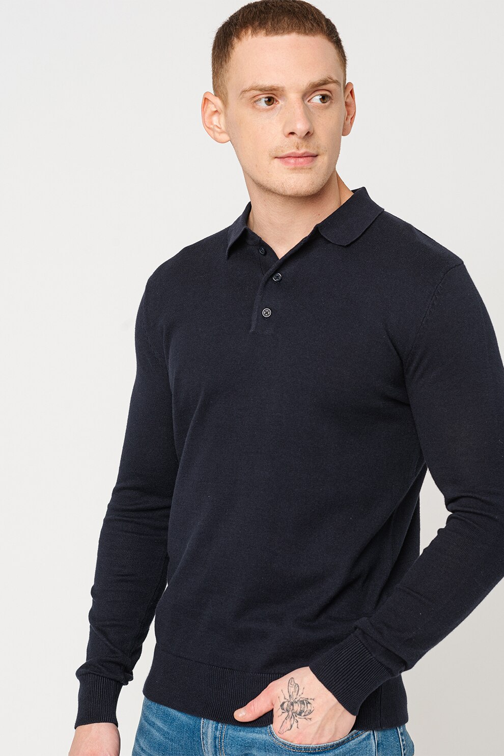 BRAVE SOUL, Bluza polo cu fenta cu nasturi, bleumarin inchis, S