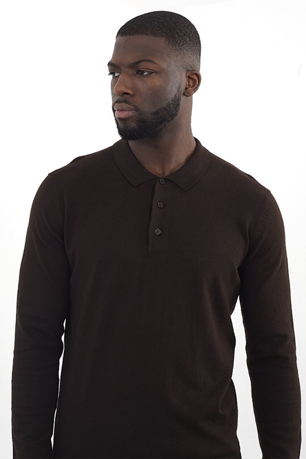 BRAVE SOUL, Bluza polo cu fenta cu nasturi, Maro inchis