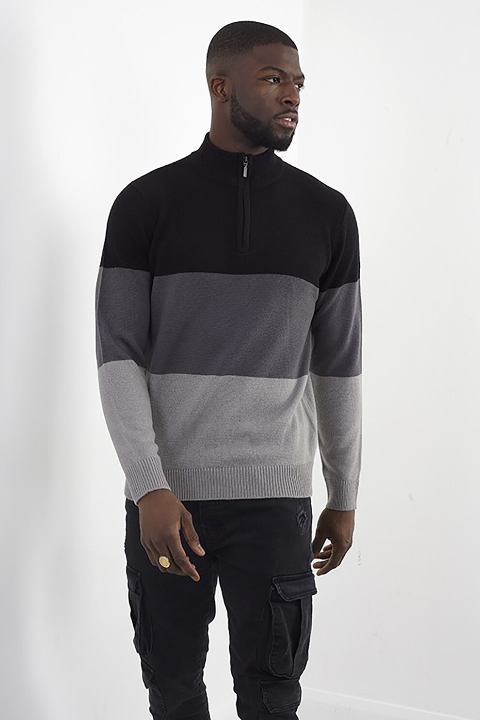 BRAVE SOUL, Pulover colorblock cu fenta cu fermoar, Negru/Gri, S