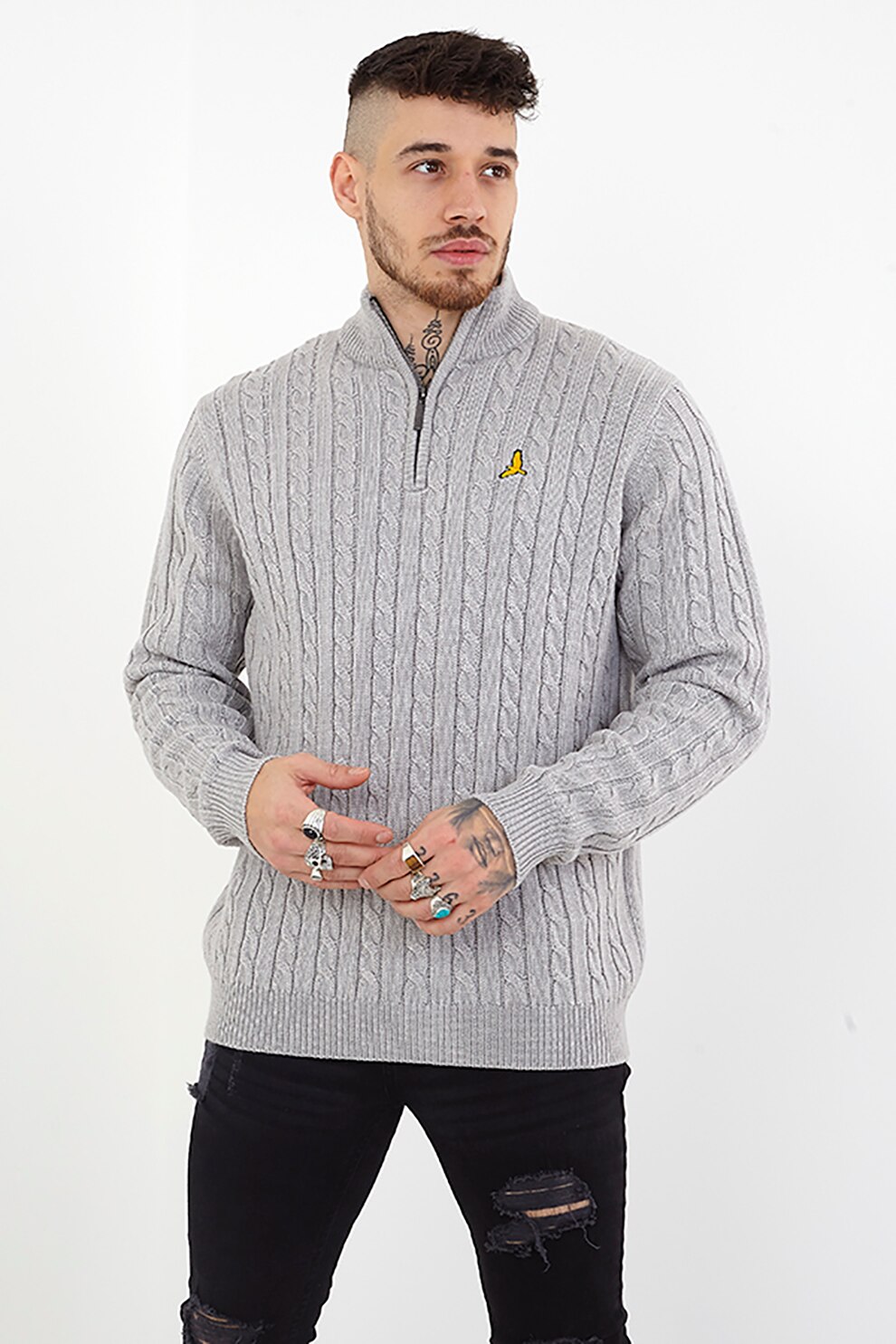 BRAVE SOUL, Pulover cu fermoar scurt si design cu torsade, Gri deschis, S