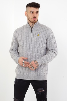 BRAVE SOUL, Pulover cu fermoar scurt si design cu torsade, Gri deschis, S BRAVE SOUL, Pulover cu fermoar scurt si design cu torsade, Gri deschis, S